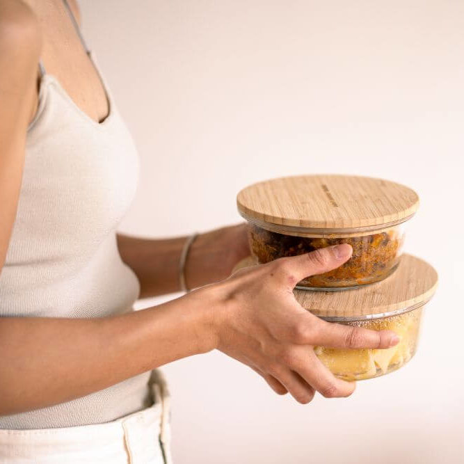 竹と耐熱ガラス容器ラウンド