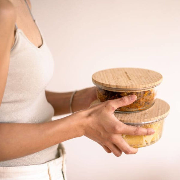 竹と耐熱ガラス容器ラウンド