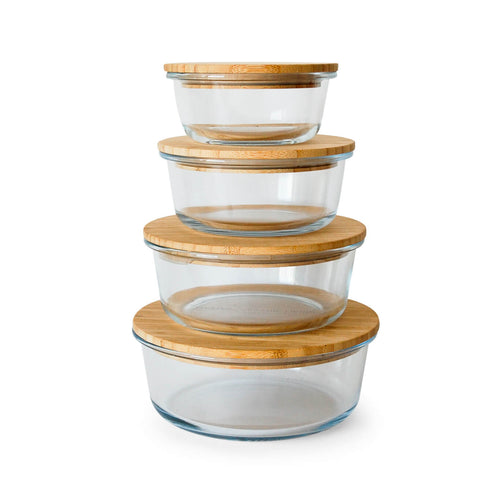 Bamboo and round heat-resistant glass container 